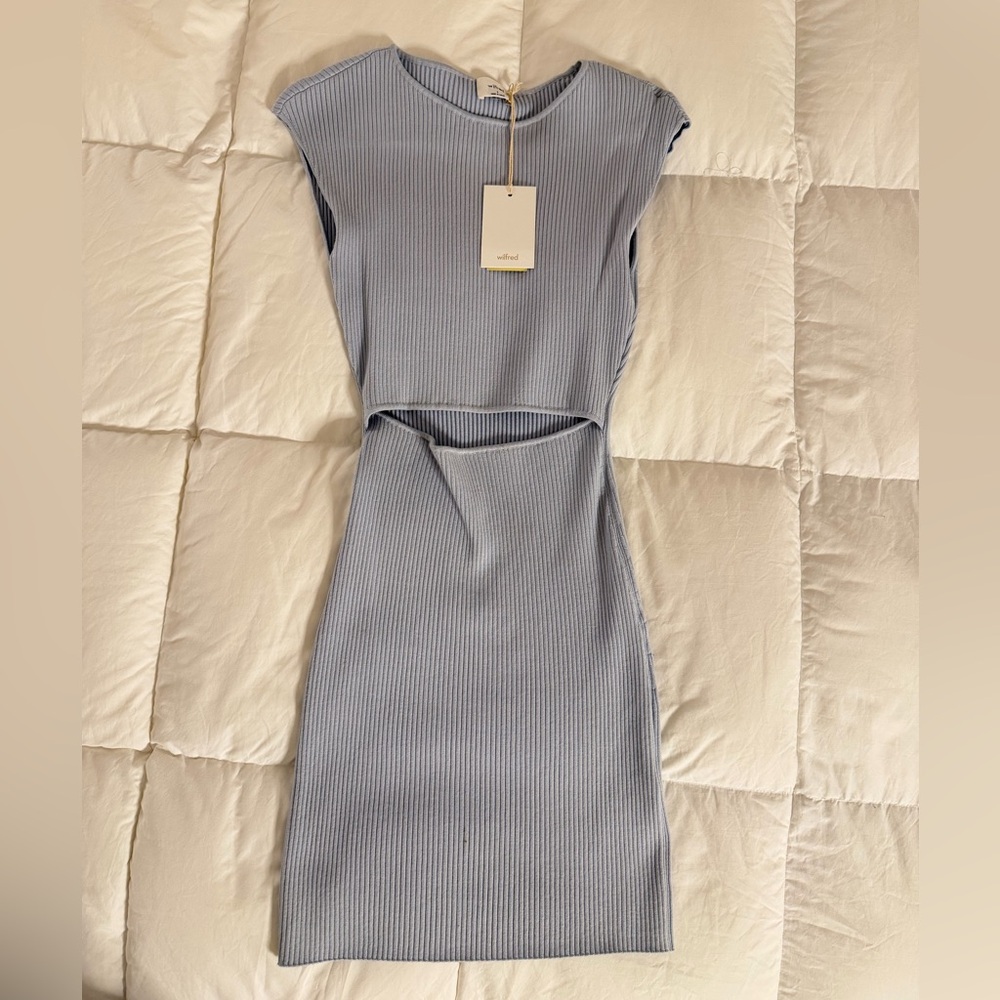 Wilfred Ribbed Cut-Out Mini Midi Dress | Blue | Size Small | NWT
